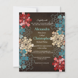 Blue Red & Cream Flowers Retro Wedding S2 Kaart