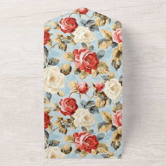 Blue Red Cream Roos Floral Wedding All In One Uitnodiging (Buitenkant)