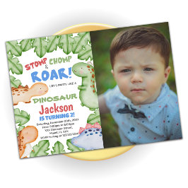 Blue Red Dinosaur Birthday Invitae met foto Kaart