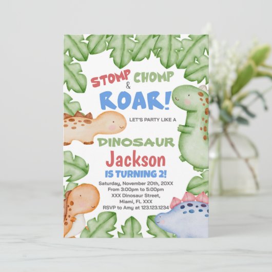 Blue Red Dinosaur Birthday-uitnodigingen Kaart (Staand voorkant)