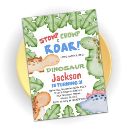 Blue Red Dinosaur Birthday-uitnodigingen Kaart