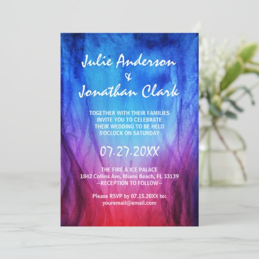 Blue & Red Fire Flames bruiloft uitnodiging Sjablo (Staand voorkant)