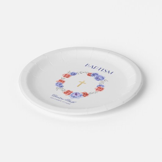 Blue Red Floral Waterverf Baptism Christening Papieren Bordje (Gekanteld)