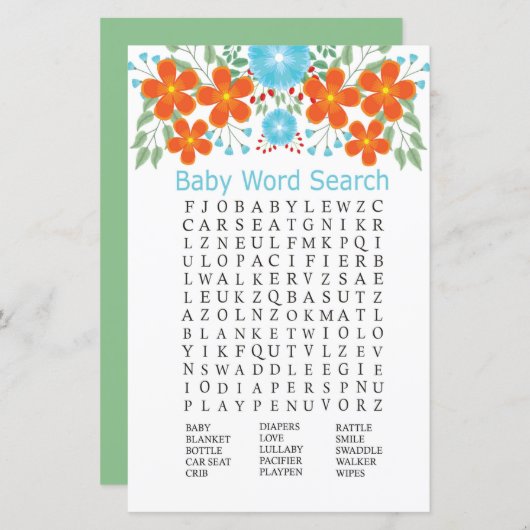 Blue Red Flowers Baby shower Word Search Game (Voorkant / Achterkant)