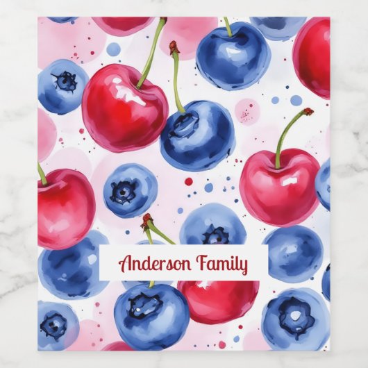 Blue Red Fruit Berry Cherry Waterverf Pattern Wijn Etiket (Enkel label)