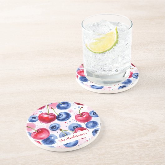 Blue Red Fruit Cherry Berry Sandstone Onderzetter (Zijkant)