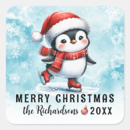 Blue Red Fun Penguin Schaatser Vrolijk Kerstfeest Vierkante Sticker