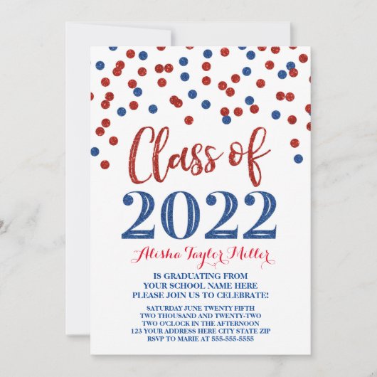 Blue Red Glitter Confetti Graduation Party 2022 Kaart (Voorkant)