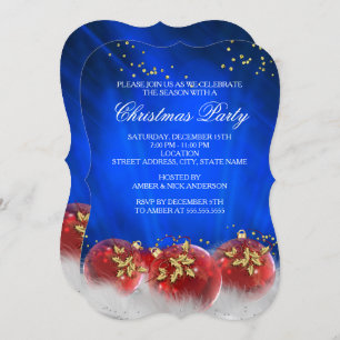 Blue Red Gold Baubles White Kerstparty Kaart