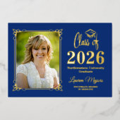 Blue, Red Gold FOIL Class of 2026 Photo Graduation Folie Uitnodiging (Voorkant)
