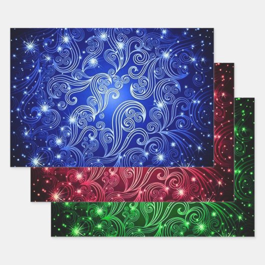 Blue Red & Green Celestial Swirls Pattern Inpakpapier Vel (Set)