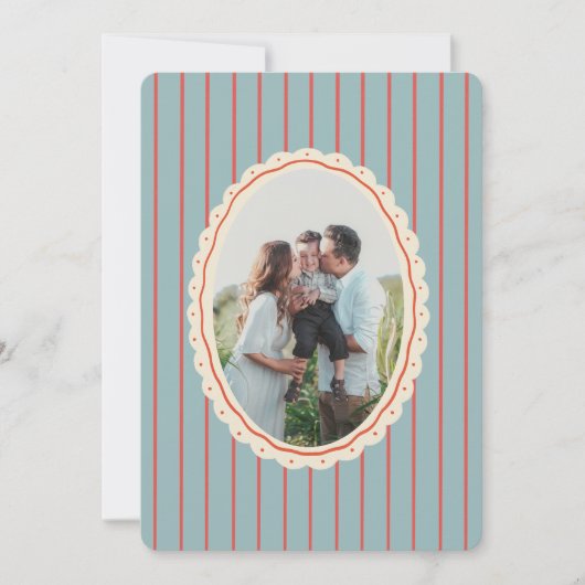 Blue & Red Illustrated Bow Striped 3-Photo Family Feestdagenkaart (Voorkant)