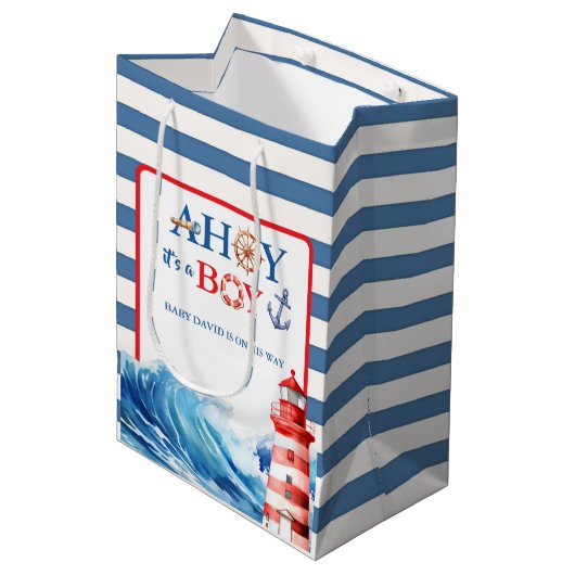 Blue Red Nautical Ahoy Boy Lighthouse Baby Shower Medium Cadeauzakje (Voorkant Gekanteld)