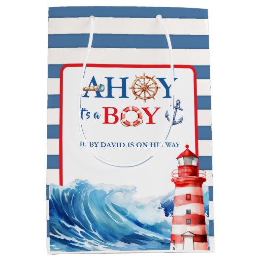 Blue Red Nautical Ahoy Boy Lighthouse Baby Shower Medium Cadeauzakje (Voorkant)