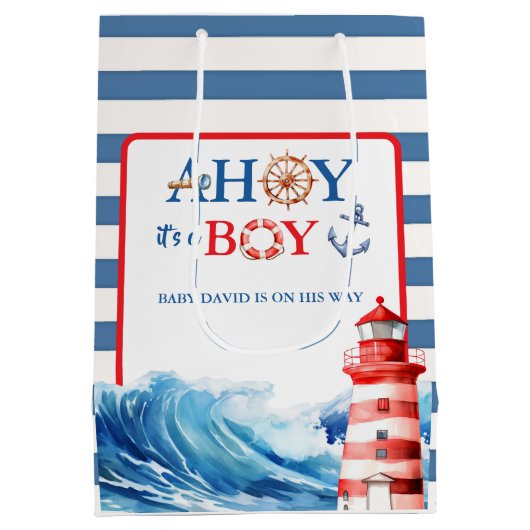 Blue Red Nautical Ahoy Boy Lighthouse Baby Shower Medium Cadeauzakje (Achterkant)