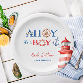 Blue Red Nautical Ahoy Boy Lighthouse Baby Shower Papieren Bordje