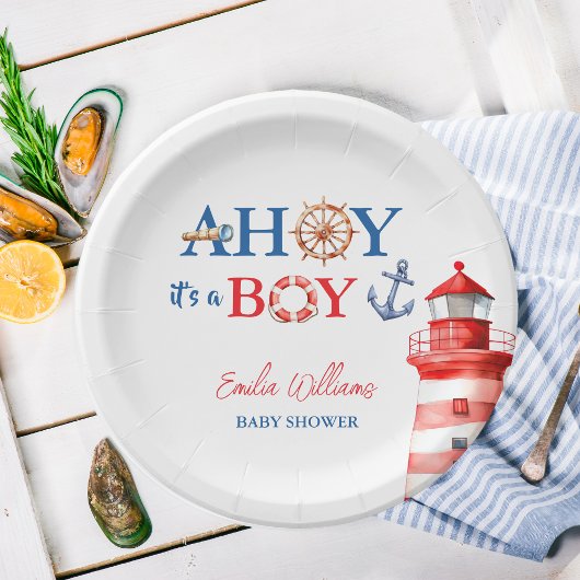 Blue Red Nautical Ahoy Boy Lighthouse Baby Shower Papieren Bordje