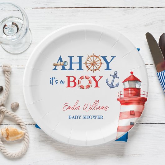 Blue Red Nautical Ahoy Boy Lighthouse Baby Shower Papieren Bordje