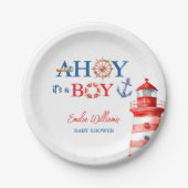 Blue Red Nautical Ahoy Boy Lighthouse Baby Shower Papieren Bordje (Voorkant)
