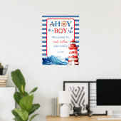 Blue Red Nautical Ahoy Boy Lighthouse Baby shower Poster (Thuiskantoor)