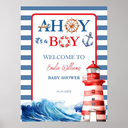 Blue Red Nautical Ahoy Boy Lighthouse Baby shower Poster (Voorkant)