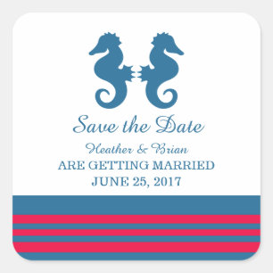 Blue Red Nautical Seahorse Save the Date Vierkante Sticker