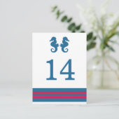 Blue Red Nautical Seahorse Table Briefkaart (Staand voorkant)