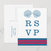 Blue Red Nautical Seashells RSVP Briefkaart (Voorkant / Achterkant)
