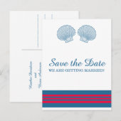 Blue Red Nautical Seashells Save the Date Aankondigingskaart (Voorkant / Achterkant)