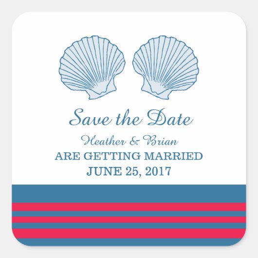 Blue Red Nautical Seashells Save the Date Vierkante Sticker (Voorkant)
