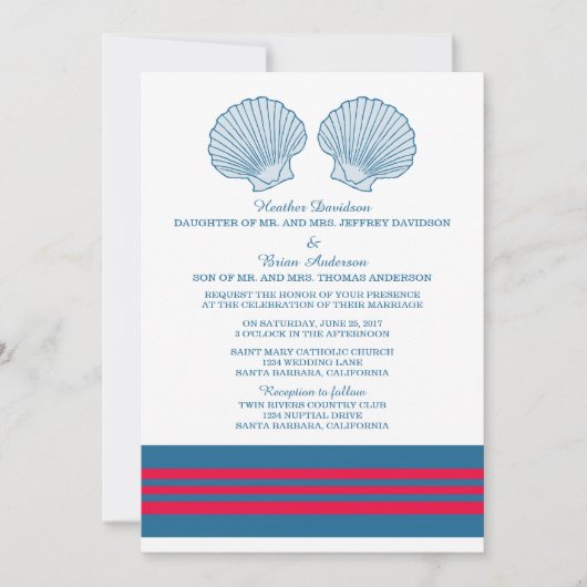 Blue Red Nautical Seashells Wedding Invite Kaart (Voorkant)