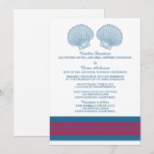 Blue Red Nautical Seashells Wedding Invite Kaart (Voorkant / Achterkant)