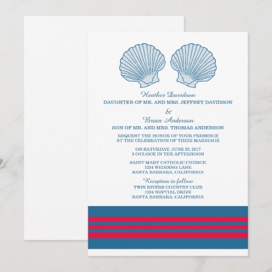 Blue Red Nautical Seashells Wedding Invite Kaart (Voorkant / Achterkant)