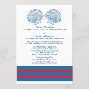 Blue Red Nautical Seashells Wedding Invite Kaart