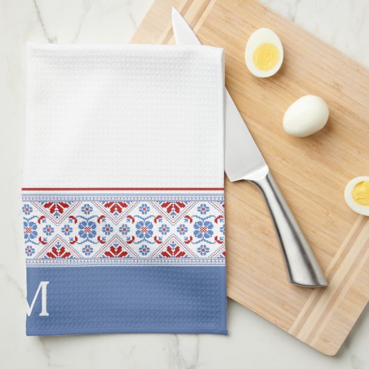 Blue Red Nordic Flower Pattern Monogram Theedoek (Quarter Fold)
