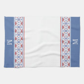 Blue Red Nordic Flower Pattern Monogram Theedoek (Horizontaal)