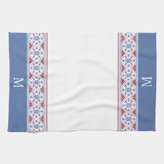 Blue Red Nordic Flower Pattern Monogram Theedoek (Horizontaal)