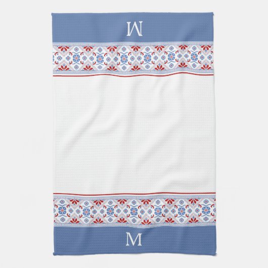 Blue Red Nordic Flower Pattern Monogram Theedoek (Verticaal)