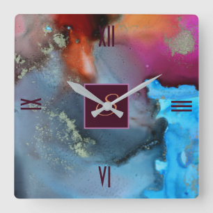 Blue Red Oranje Abstract Waves Monogram Vierkante Klok