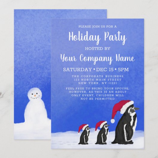 Blue Red Penguin Santa Family Corporate Holiday Kaart (Voorkant / Achterkant)