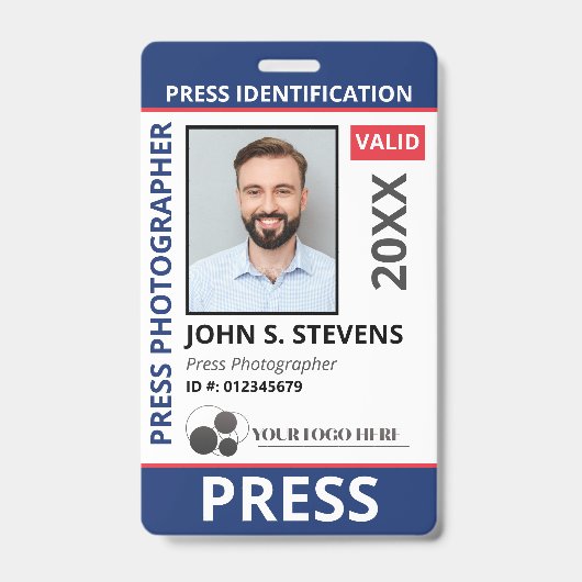 Blue Red Photo & Logo Press ID QR Code Badge (Voorzijde)