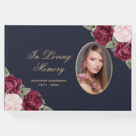 Blue Red Pink Gold Floral Foto Memorial Gastenboek (Voorkant)
