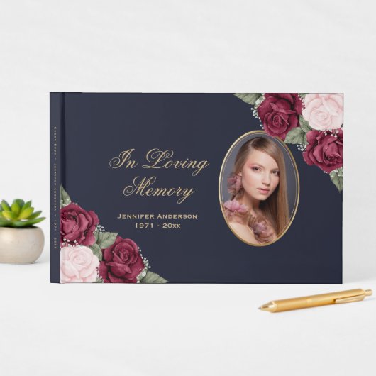 Blue Red Pink Gold Floral Foto Memorial Gastenboek (Insitu Display)