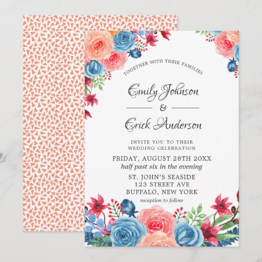 Blue Red Pink Oranje Peony Wedding Invitation Kaart (Voorkant / Achterkant)
