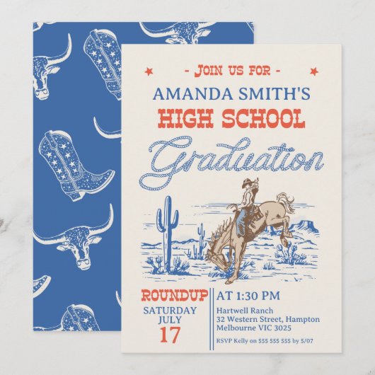 Blue Red Rodeo Cowboy High School Afstuderen Kaart (Voorkant / Achterkant)