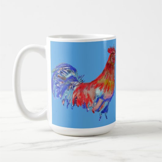 Blue Red Rooster Cocreel Chicken Art Mok (Links)