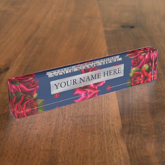 Blue & Red Roses Floral Personalized Name Bord Naambordje (Zijkant)