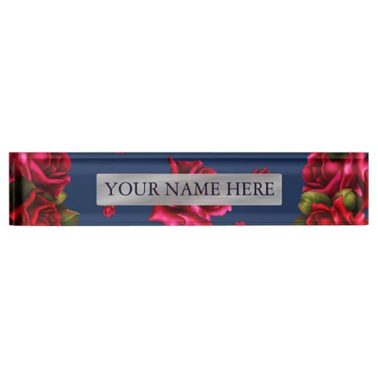 Blue & Red Roses Floral Personalized Name Bord Naambordje (Voorkant)