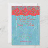 Blue & Red Rustic Lace Wood Wedding Invitations Kaart (Voorkant)