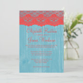 Blue & Red Rustic Lace Wood Wedding Invitations Kaart (Staand voorkant)
